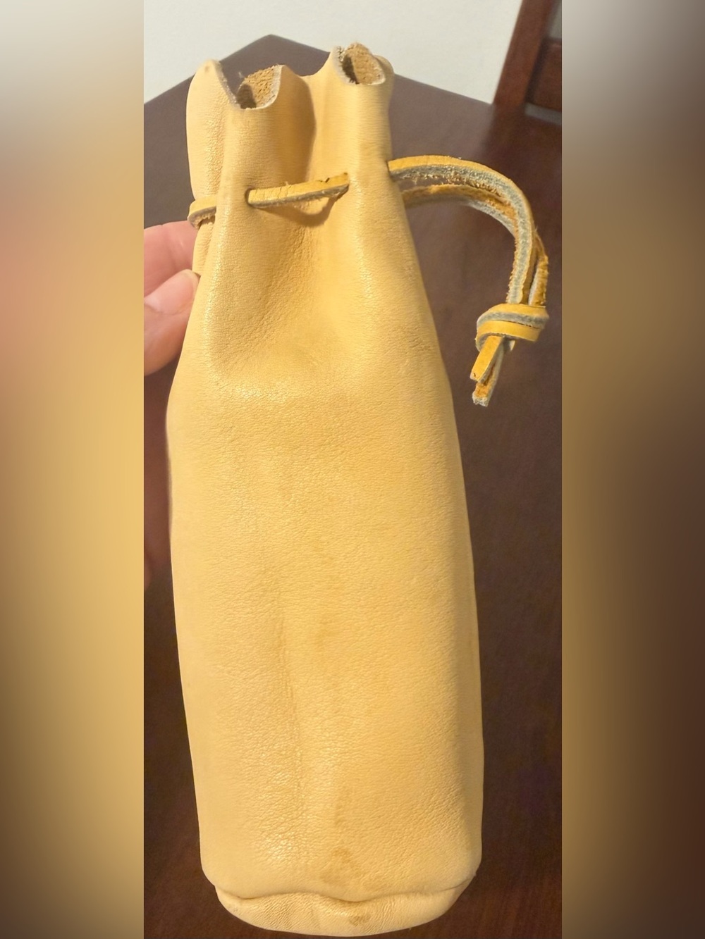 Handmade Yellow Leather Drawstring Pouch Small Original Craft Bag